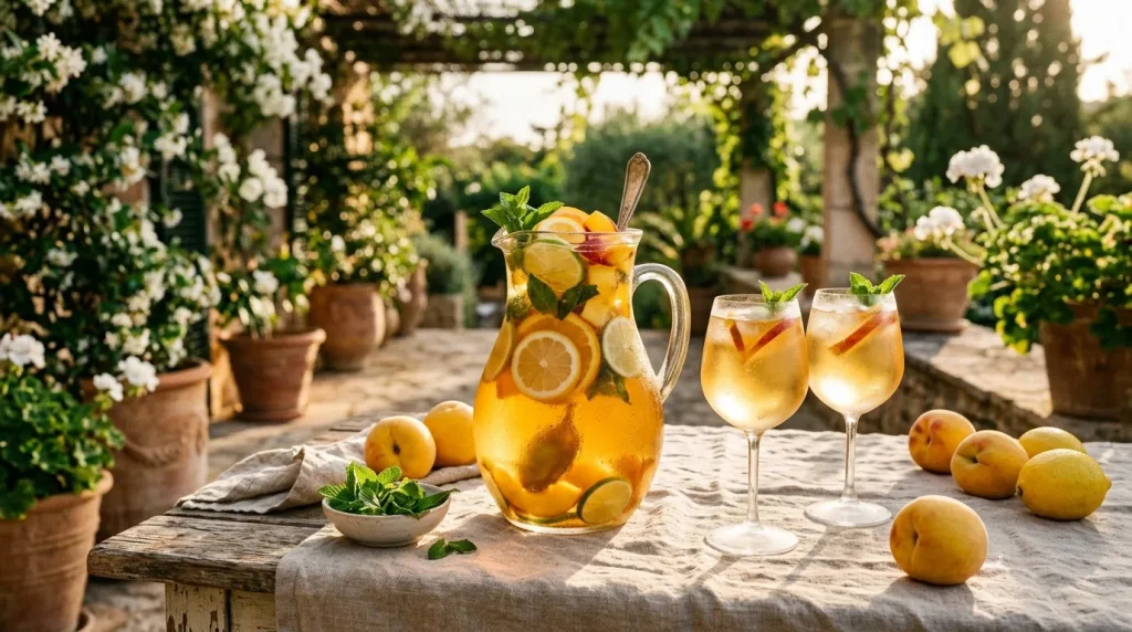 Pichet et verres de citronnade dans un jardin fleuri méditerranéen