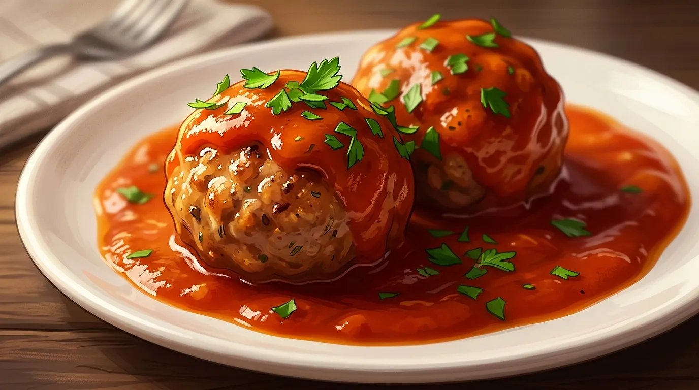 Deux boulettes de viande dans sauce tomate, garnies persil frais