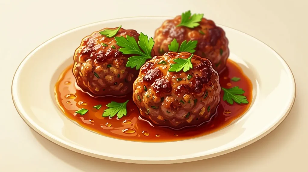 Trois boulettes de viande brune en sauce tomate avec persil frais