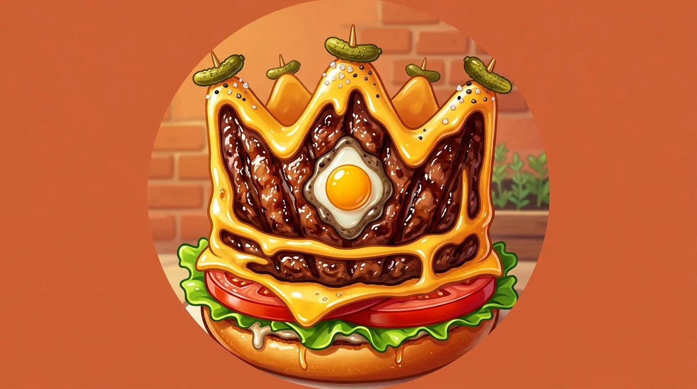 Burger géant illustré avec œuf, cornichons et couronne dorée