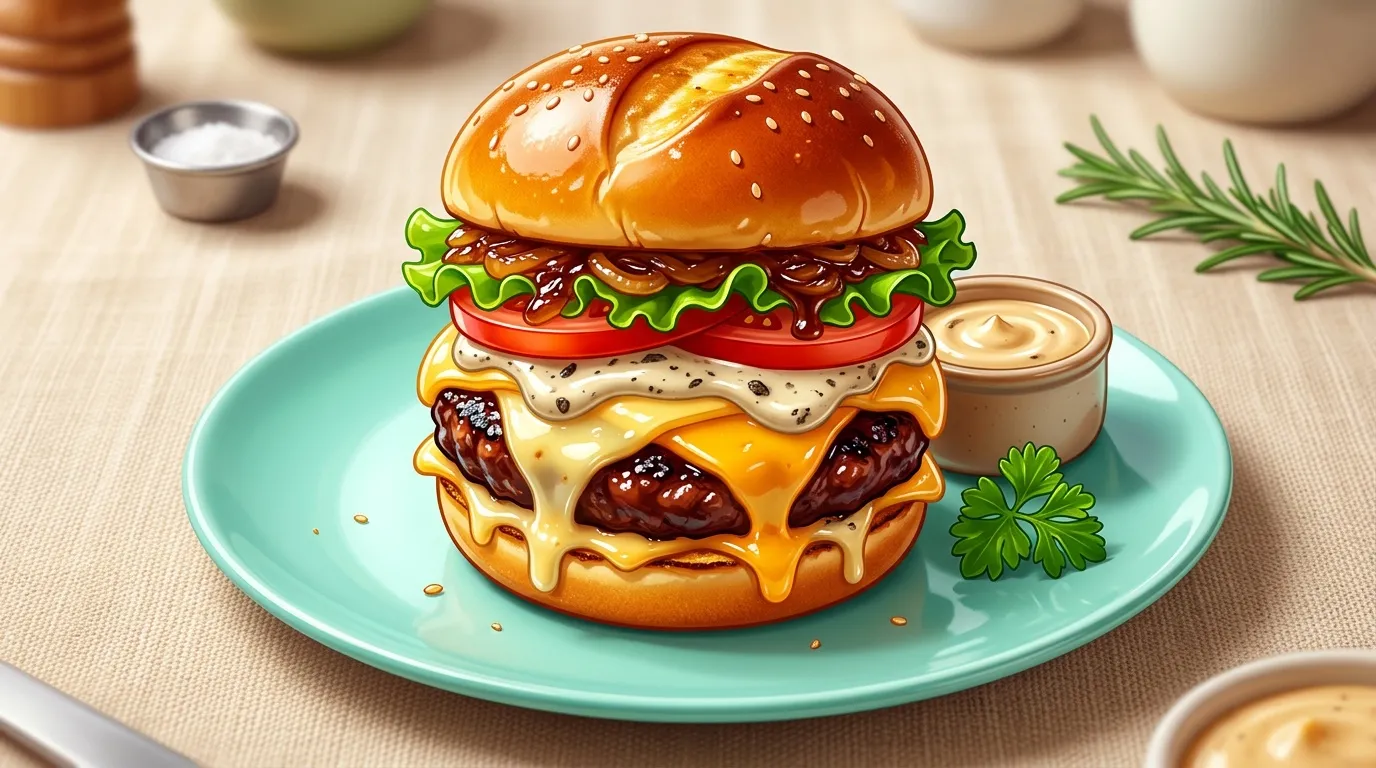 Burger double viande fromage fondu laitue tomate sauce