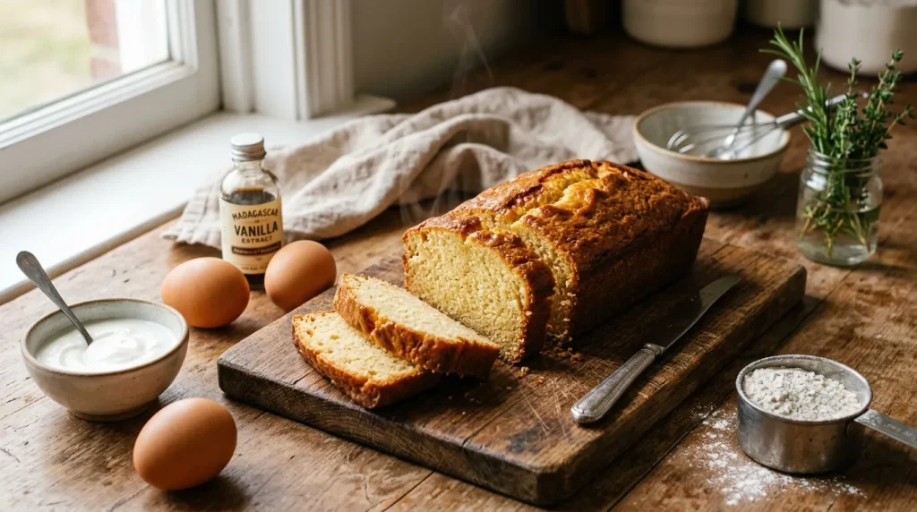 Gâteau tranché sur planche avec ingrédients et vanille