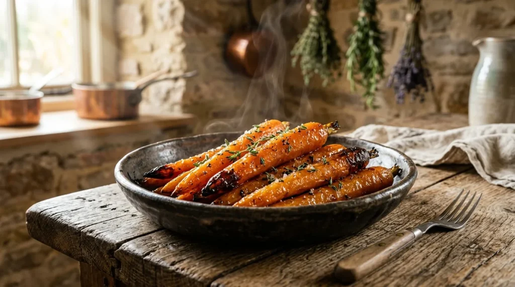 Carottes glacées garnies de thym dans assiette rustique