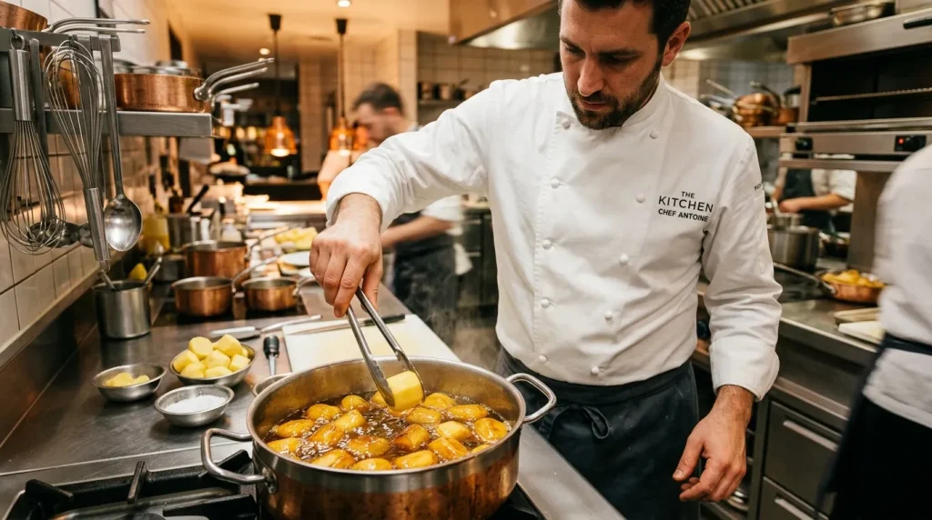 Chef en cuisine préparant des pommes de terre dorées dans une casserole