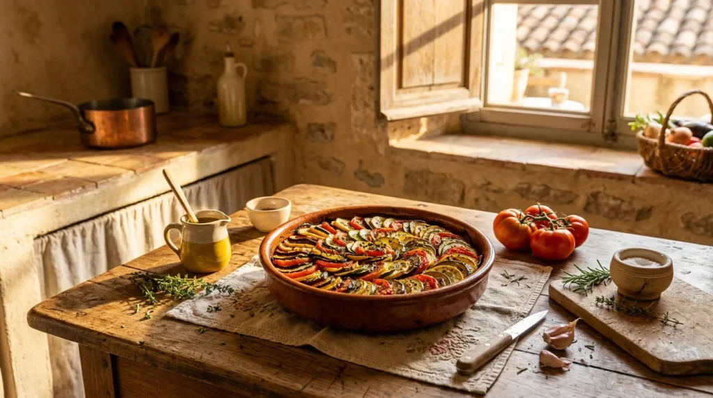Plat de ratatouille dans cuisine rustique ensoleillée avec tomates fraîches