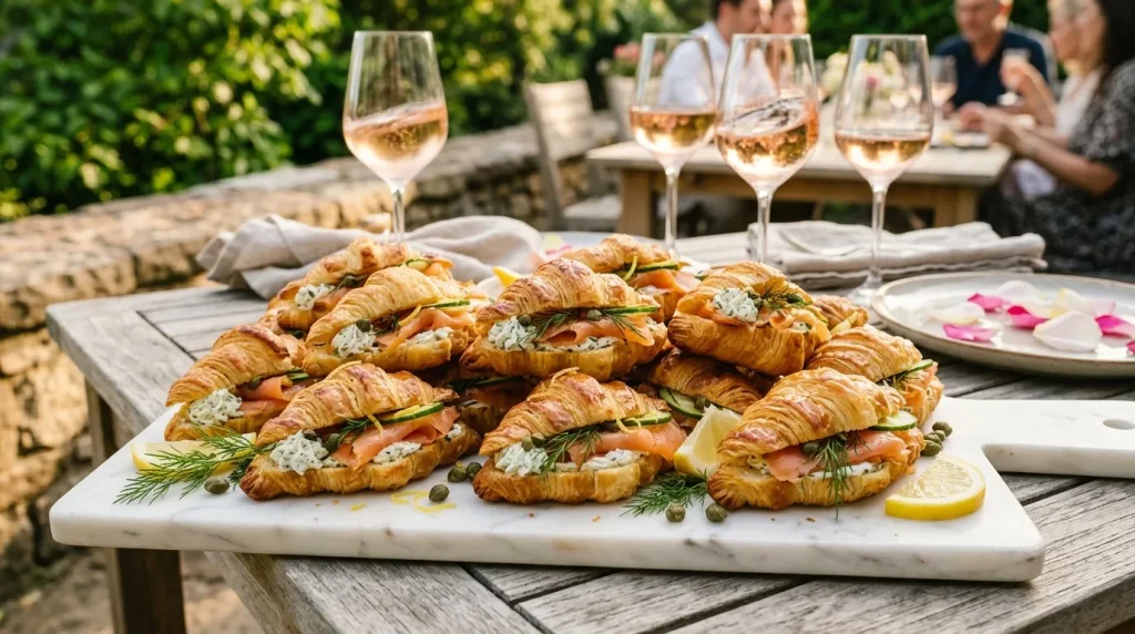 Croissants garnis, vin blanc rosé, table jardin luxe