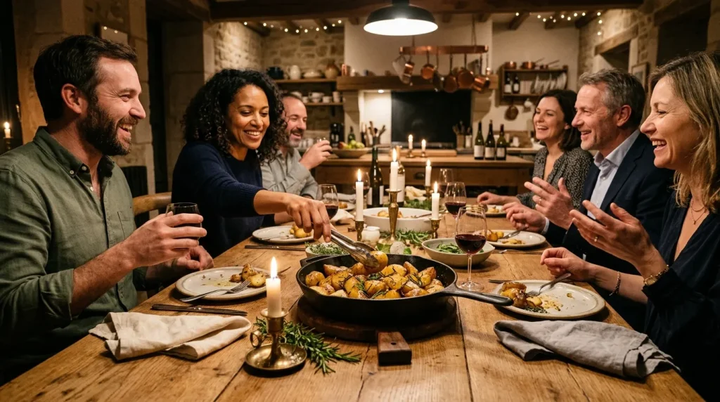 Six personnes rient autour d'une table de dîner élégante.