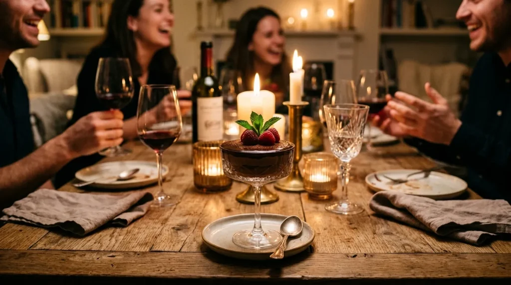 Table dressée avec bougies, verres et dessert, amis riant