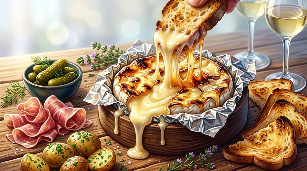 Fondue de fromage dégoulinante avec pain grillé, charcuterie et vin