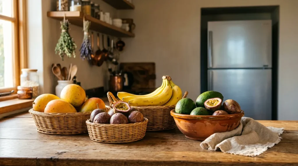 Paniers de fruits frais sur table en bois dans cuisine