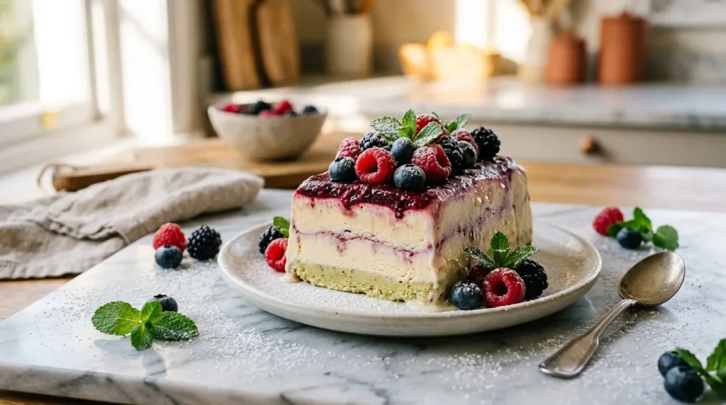 Part de gâteau multicouche garnie de fruits rouges frais