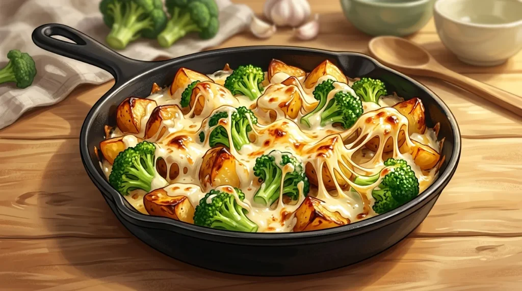 Poêle noire avec brocoli, pommes de terre et fromage fondu doré