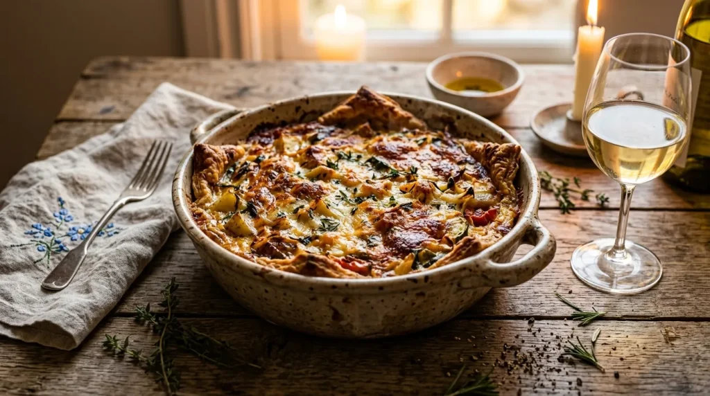 Gratin doré dans un plat céramique avec verre vin blanc