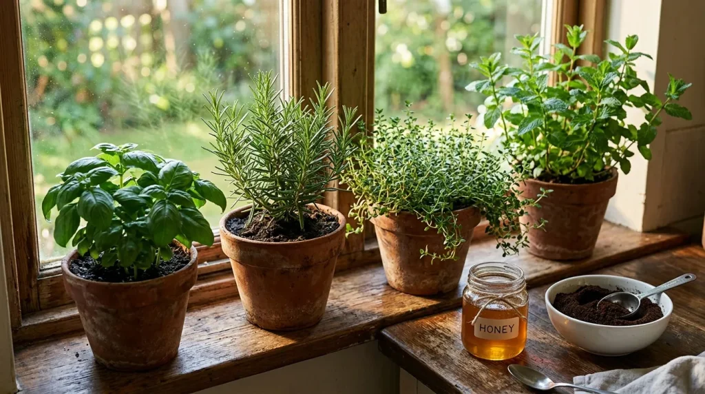 Pots de plantes aromatiques sur rebord de fenêtre ensoleillée
