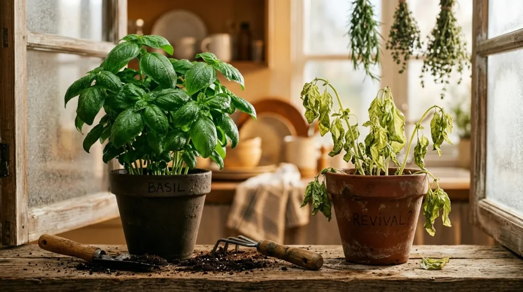 Basilic frais et plante flétrie dans pots de terre sur fenêtre