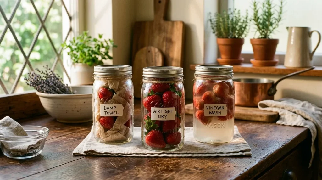 Trois bocaux Mason montrant différentes techniques de conservation de fraises