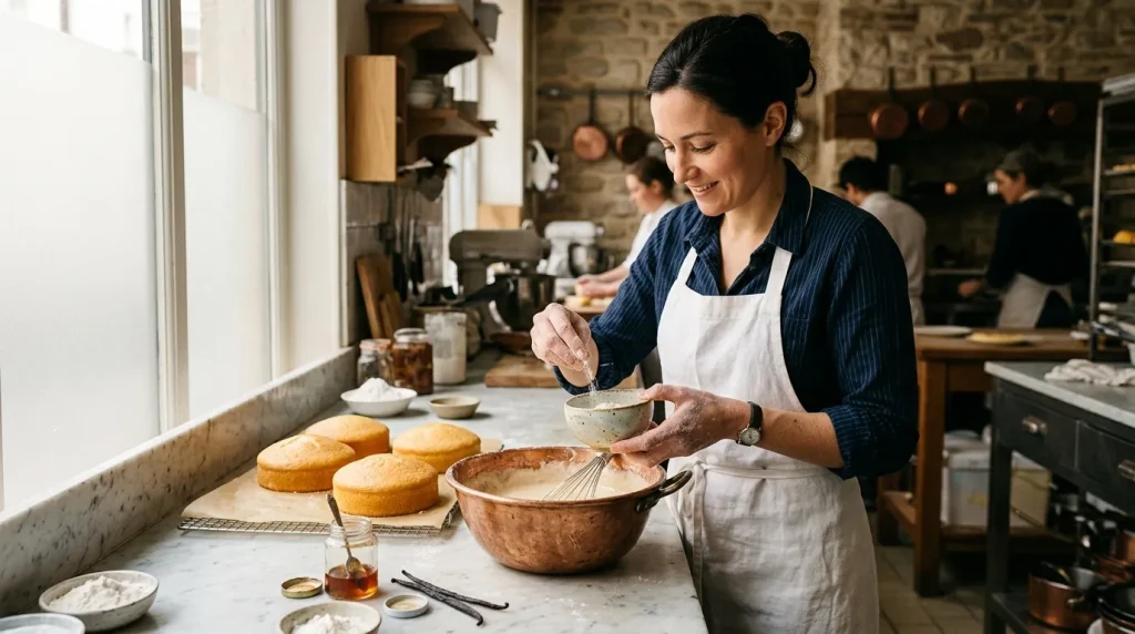 Femme en tablier prépare pâte à gâteau dans cuisine professionnelle