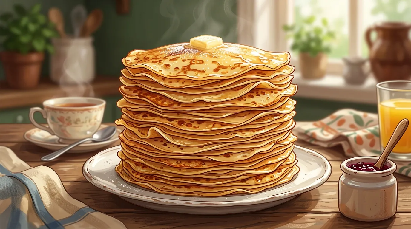 Pile généreuse de crêpes dorées avec beurre et confiture