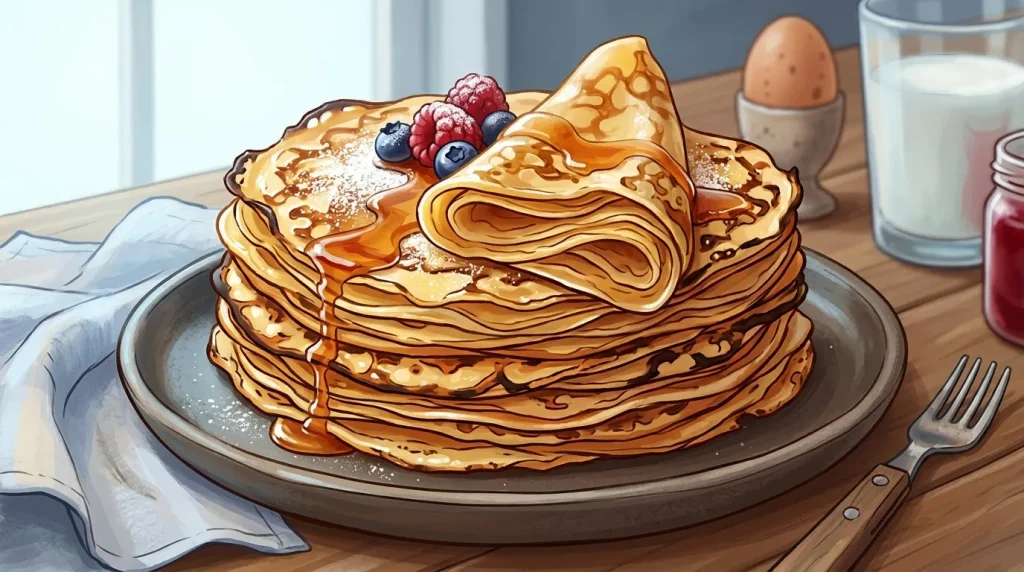 Pile de crêpes dorées avec fruits rouges et bleuets
