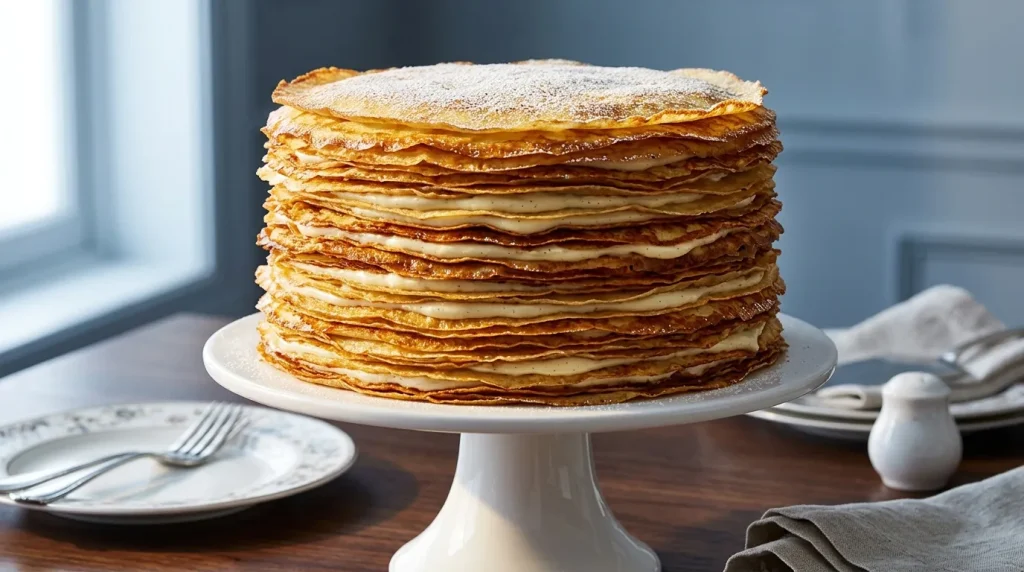 Pile haute de crêpes fines dorées sur pied blanc