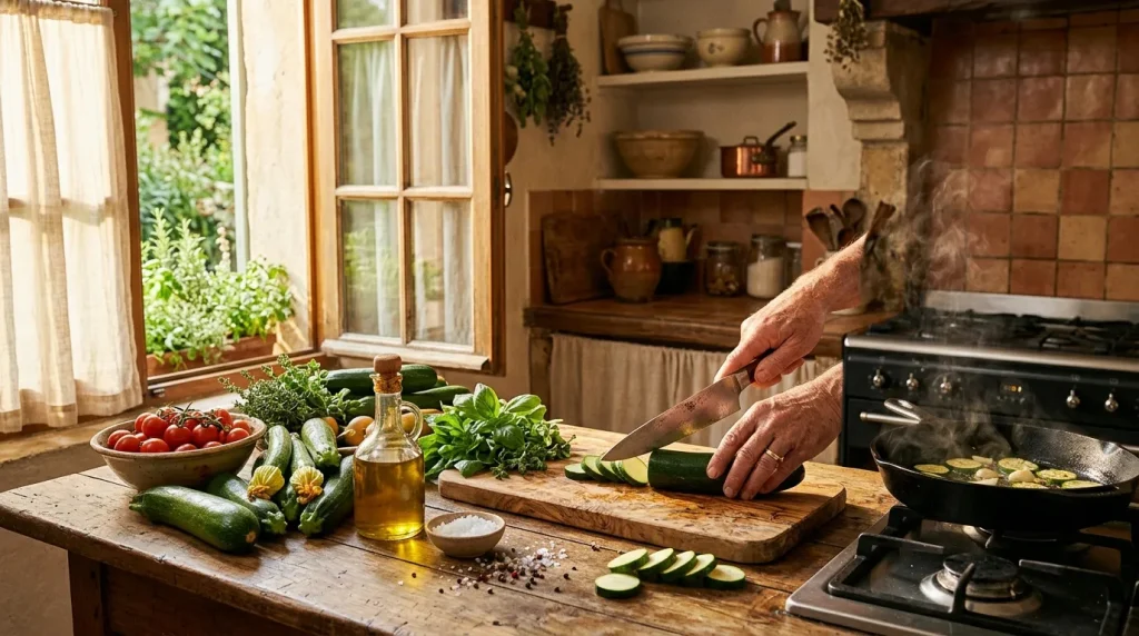 Chef découpe un concombre dans une cuisine méditerranéenne ensoleillée