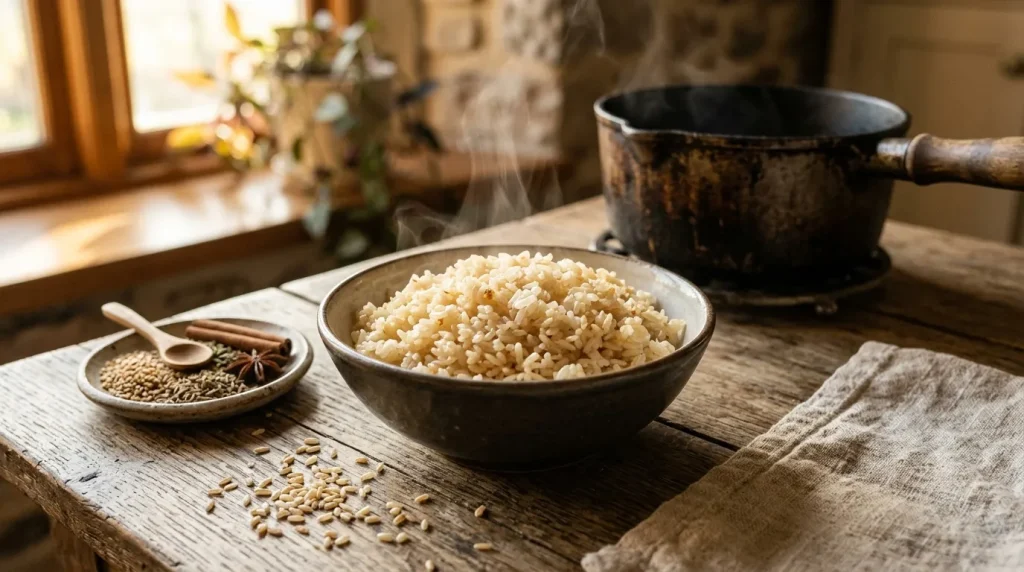 Bol de riz cuit avec épices et ustensiles de cuisine rustiques