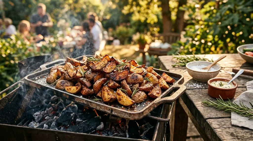 Pommes de terre rôties au feu lors d'un pique-nique familial
