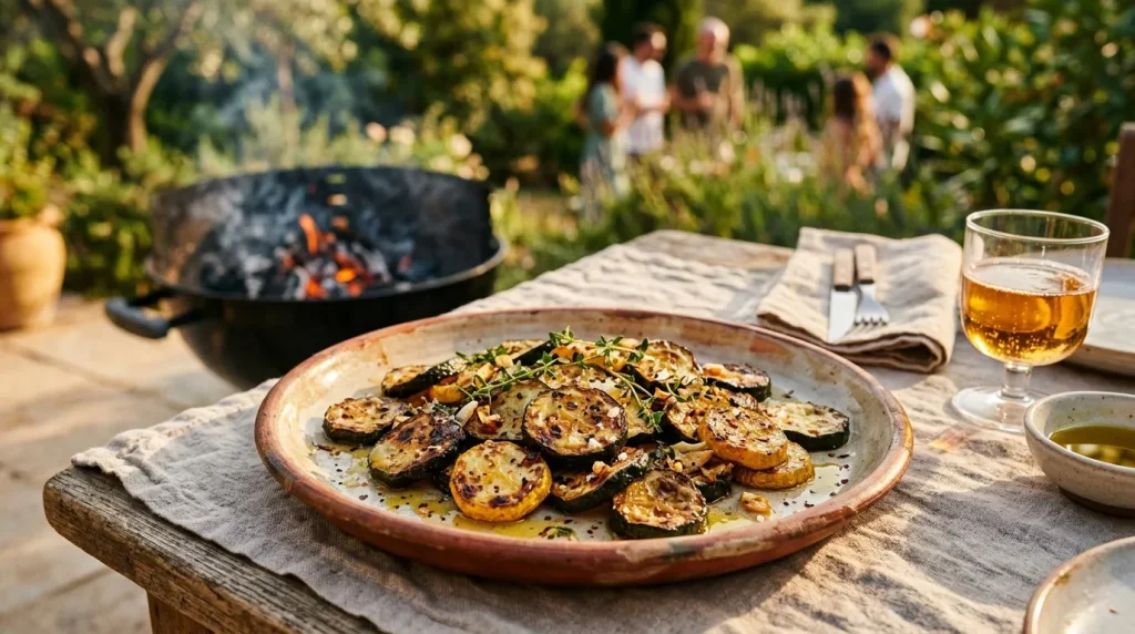 Assiette de légumes grillés lors d'un repas en jardin