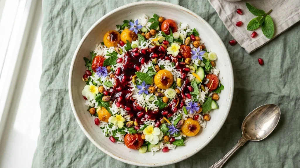 Assiette de salade riz, légumes, fleurs comestibles et grenade