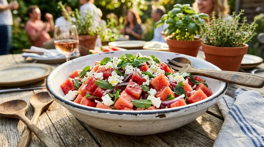 Salade fraîche de pastèque, feta et menthe en table de jardin.