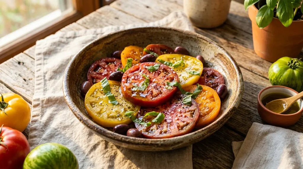 Bol de tomates colorées, olives noires et herbes fraîches