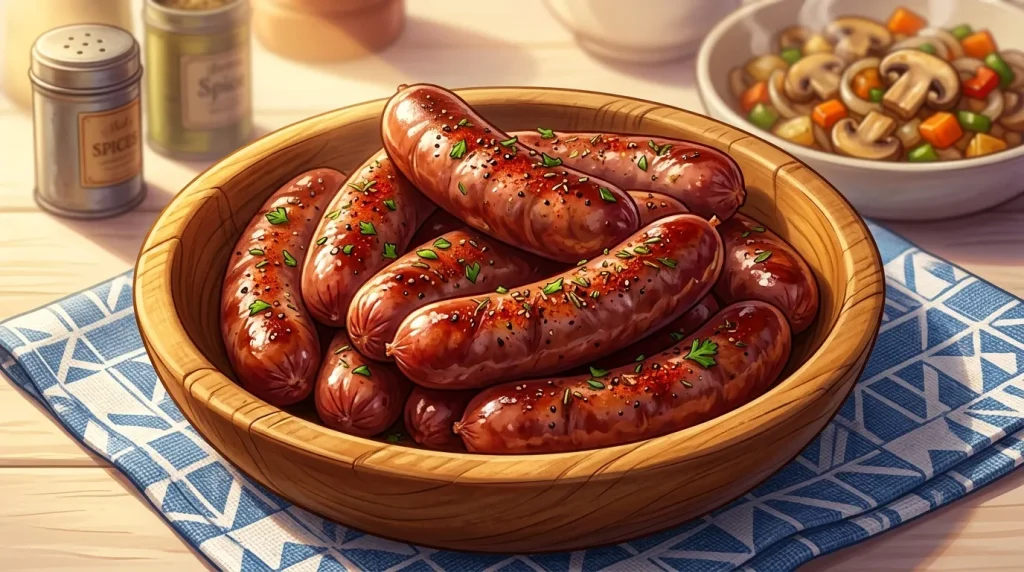 Saucisses cuites dans un bol en bois avec épices