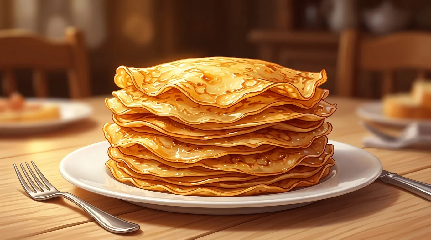 Pile de crêpes dorées sur assiette blanche avec couverts
