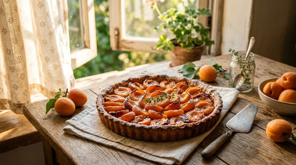 Tarte aux abricots fraîchement cuite sur table en bois ensoleillée