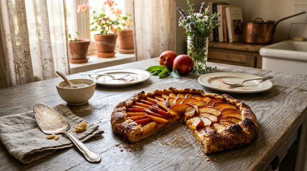 Tarte aux pommes dorée sur table en bois avec dessert rustique