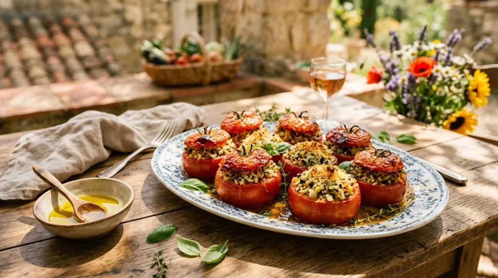 Assiette de tomates farcies garnies d'herbes fraîches en terrasse ensoleillée