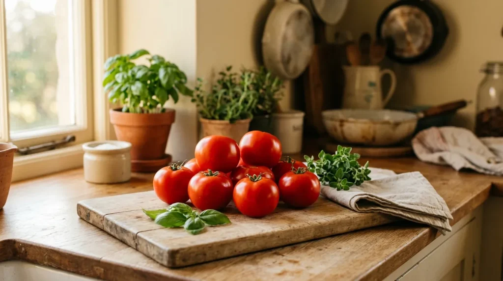 Tomates rouges et herbes fraîches sur planche à découper en bois