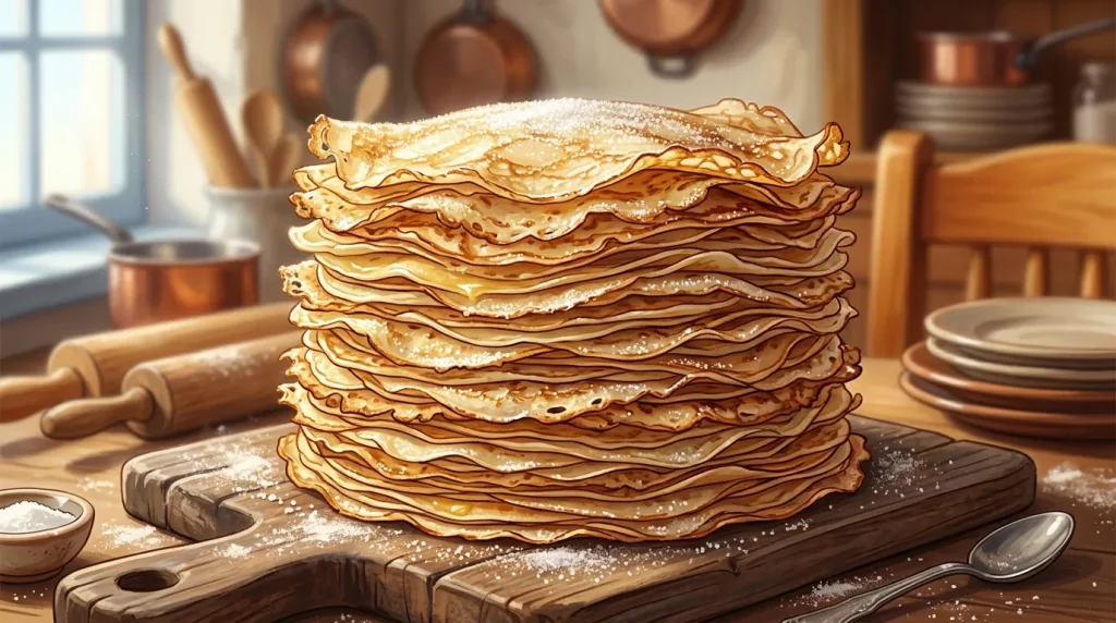 Pile de crêpes fines dorées avec sucre en poudre