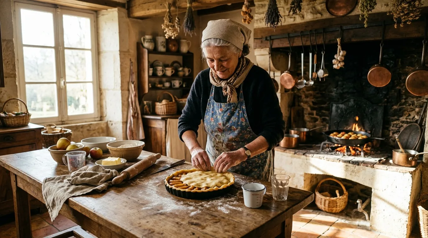 Femme âgée cuisinant dans une cuisine rustique traditionnelle