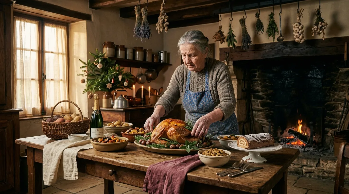 Femme âgée préparant repas festif dans cuisine rustique