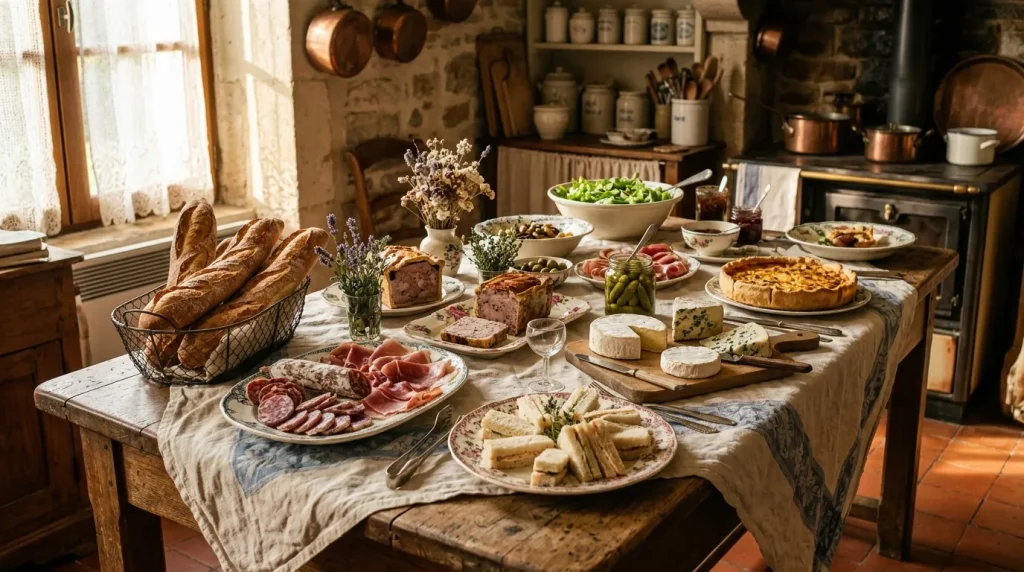 Table garnie de charcuterie, fromages, pain et salades dans cuisine campagnarde