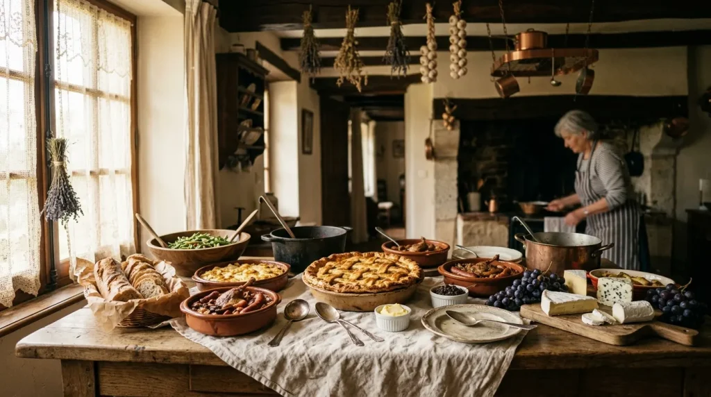 Table de cuisine avec plats cuisinés, pains, fromages et fruits frais