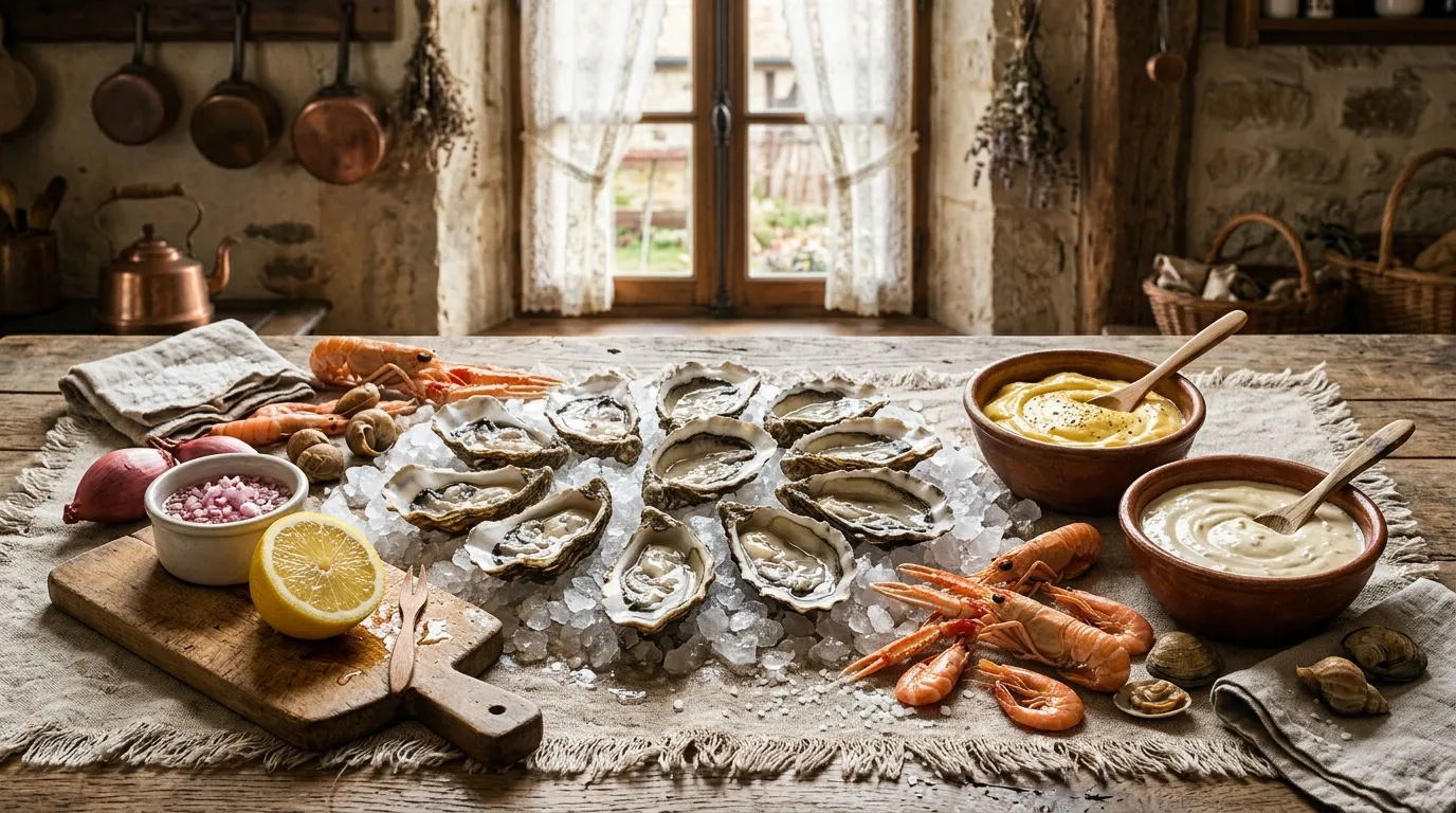 Huîtres, crevettes et sauces sur table rustique vintage