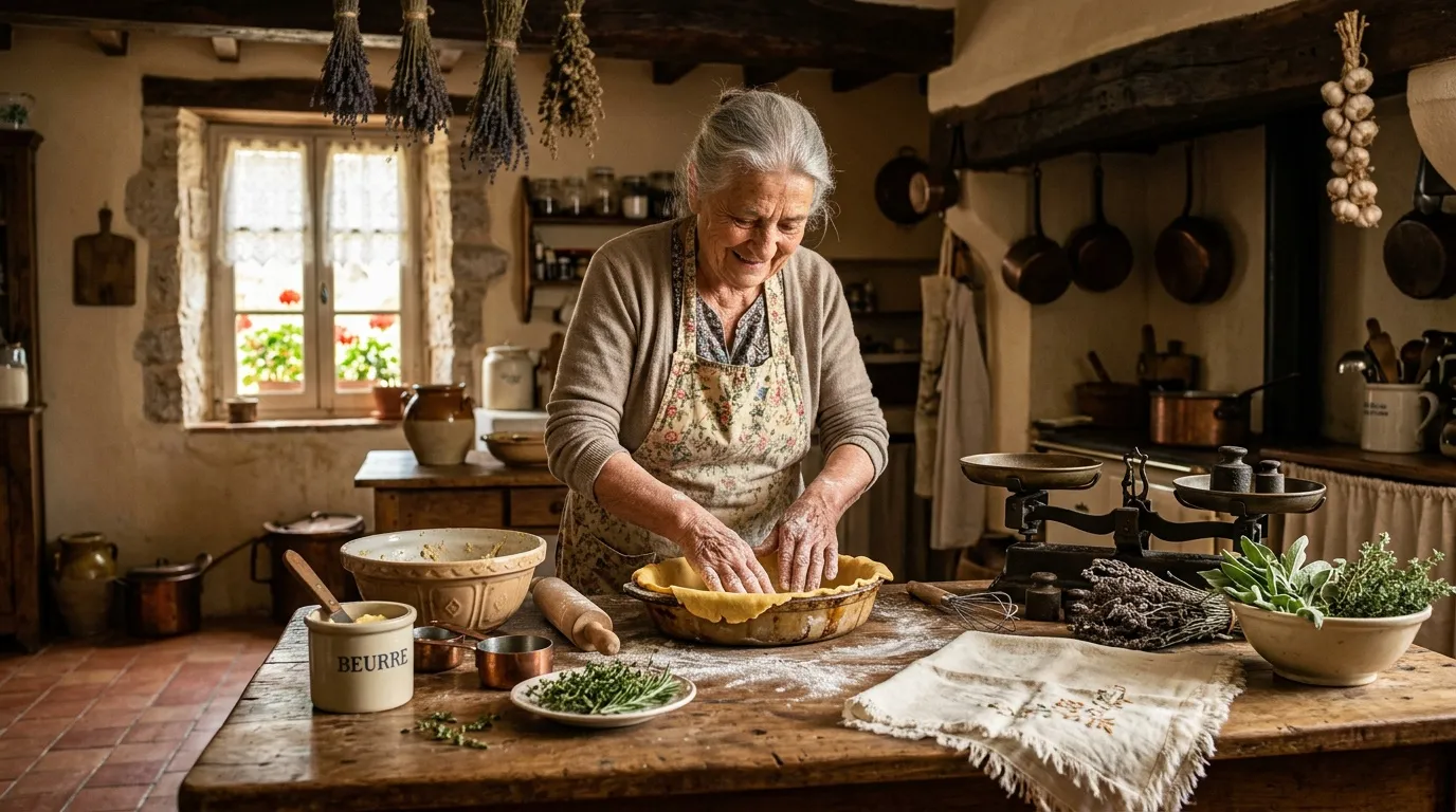 Femme âgée prépare un repas dans une cuisine traditionnelle