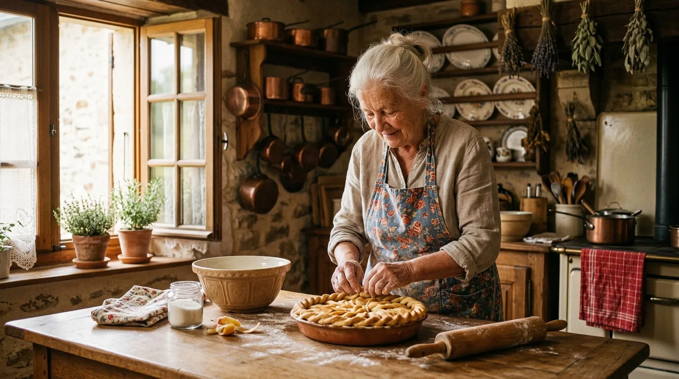 Femme âgée cuisinant une tarte dans une cuisine rustique