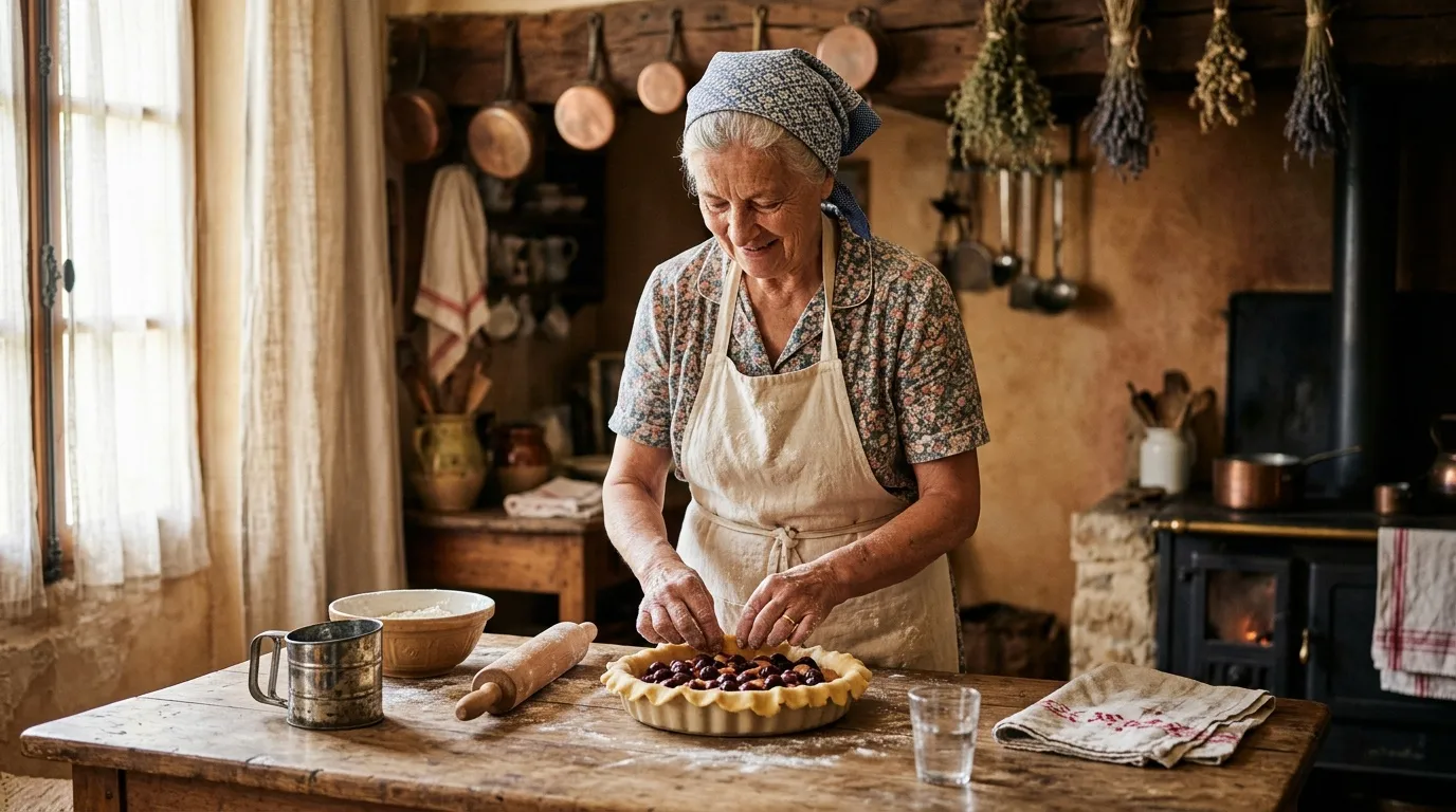 Femme âgée cuisinant une tarte aux fruits dans cuisine rustique