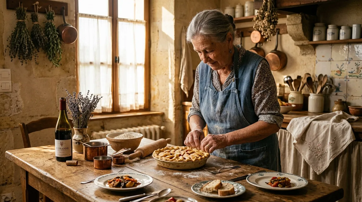 Femme âgée cuisinant une tarte dans sa cuisine rustique
