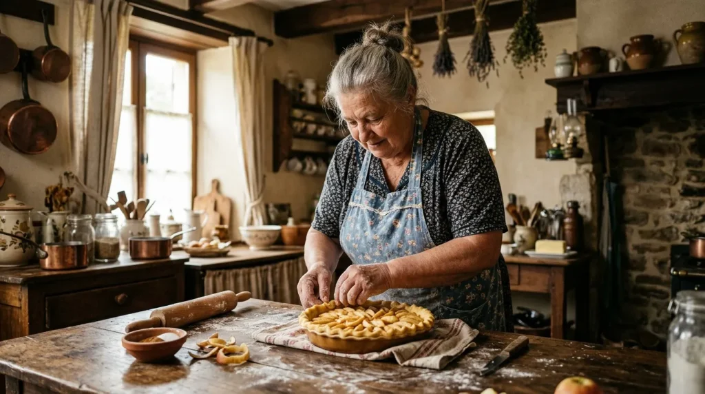 Femme âgée cuisinant une tarte dans une cuisine rustique