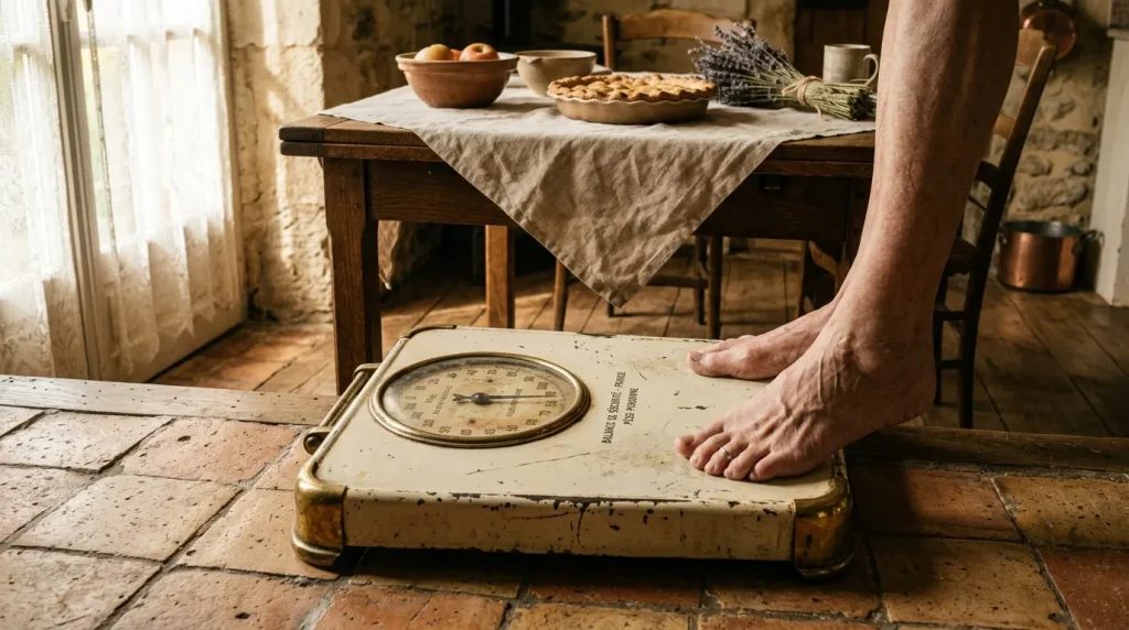 Main sur balance vintage dans cuisine traditionnelle avec aliments