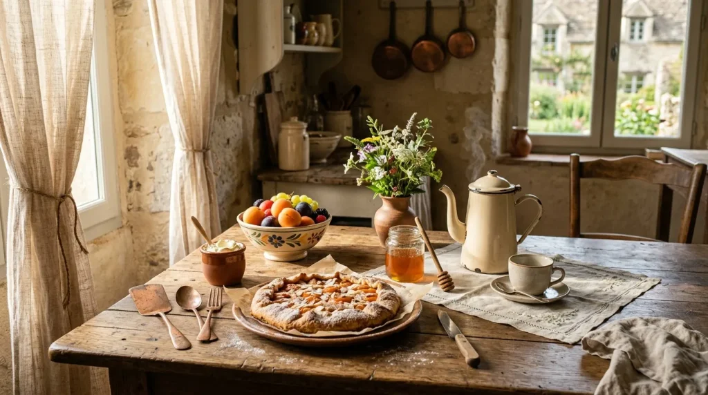 Table rustique avec tarte, fruits, fleurs et service à thé